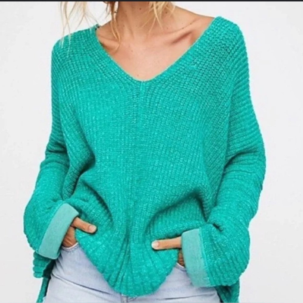 Free People Oversized Green V-Neck Chunky Knit Sweater Med/Large